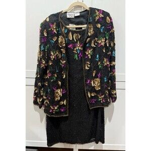 VTG Sequin Silk Dress Set Womens L Floral Blazer Cruise Holiday Formal Y2K NWT